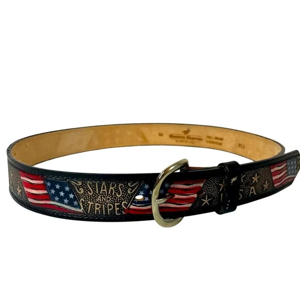 Western Express Mens Tooled Leather Belt 32 34 Stars Stripes USA Flag